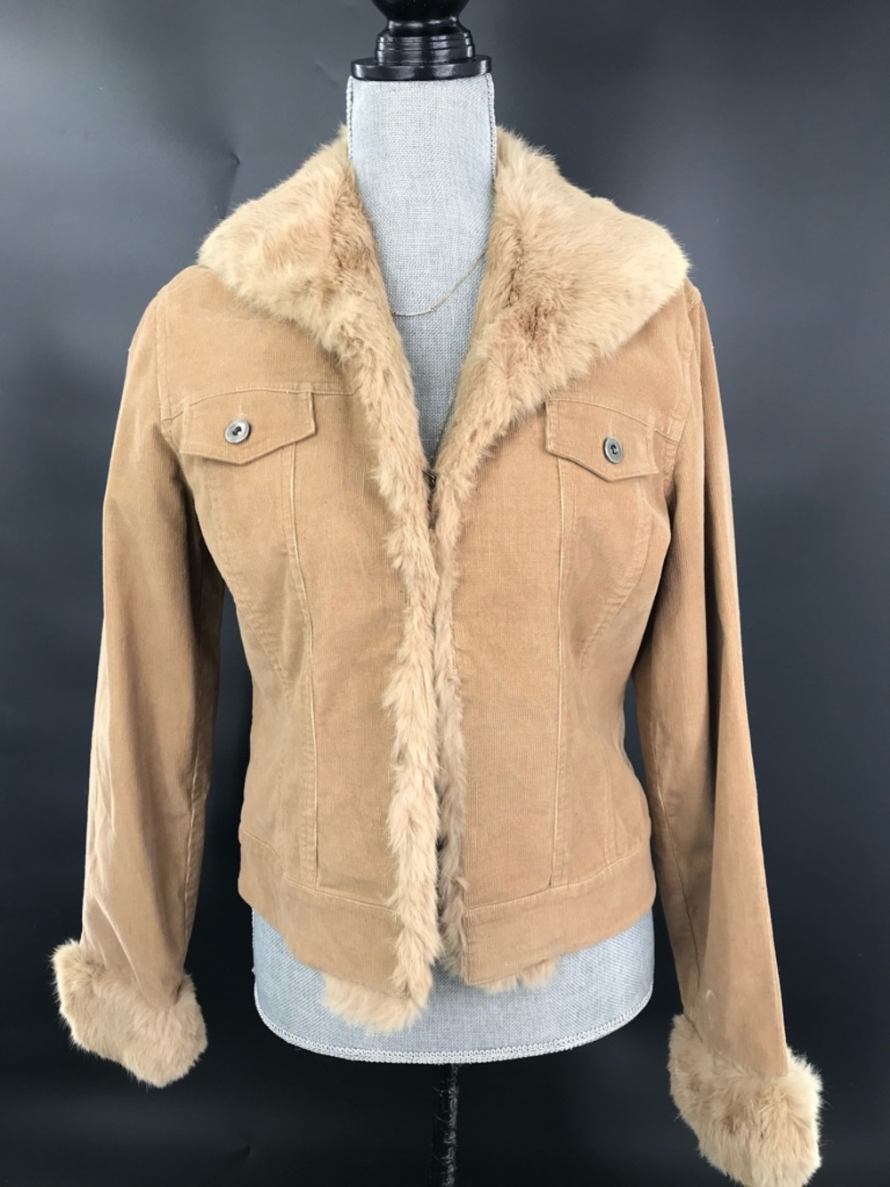 Sheri Bodell Women’s Tan Corduroy Jacket With Rabbit Fur Trim